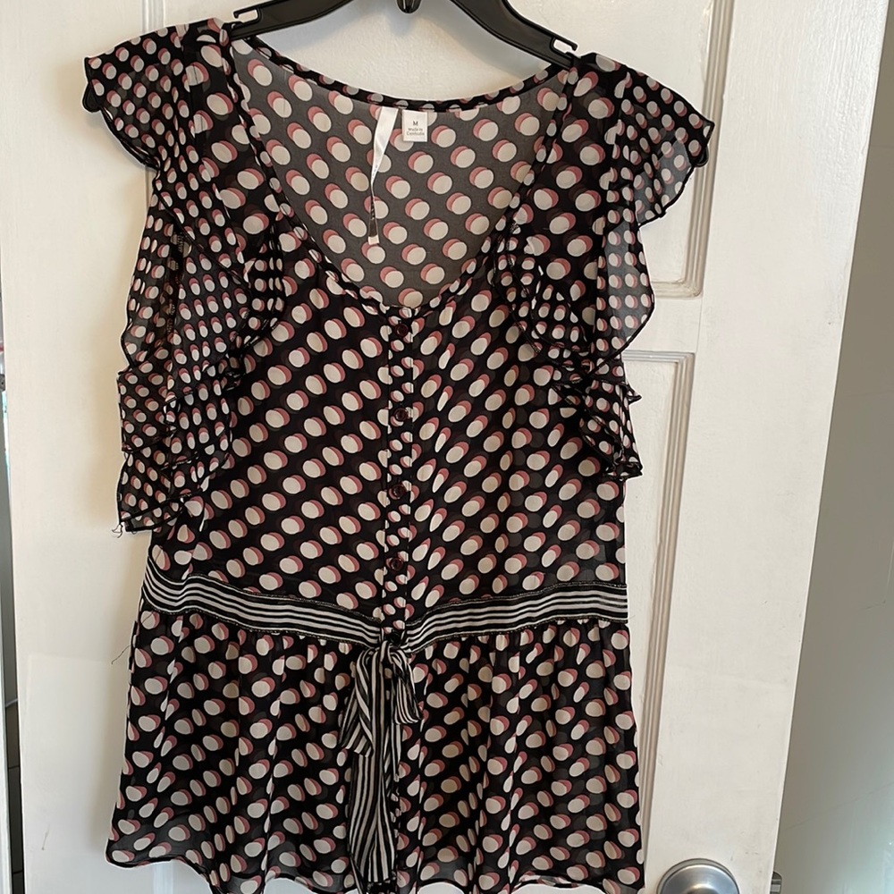 Lauren Conrad sheer button down top, flutter sleeve, black/brown, Sz M EUC cute!